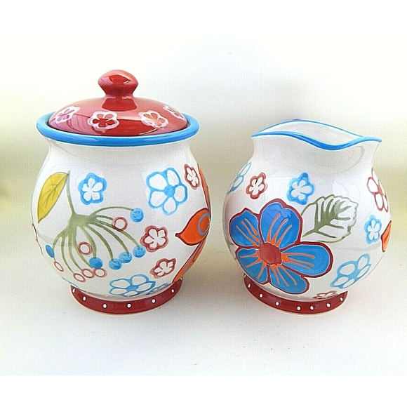 Dutch Wax Vibrant Floral Sugar Bowl and Creamer by Coastline Imports Red Accents - Picture 2 of 9